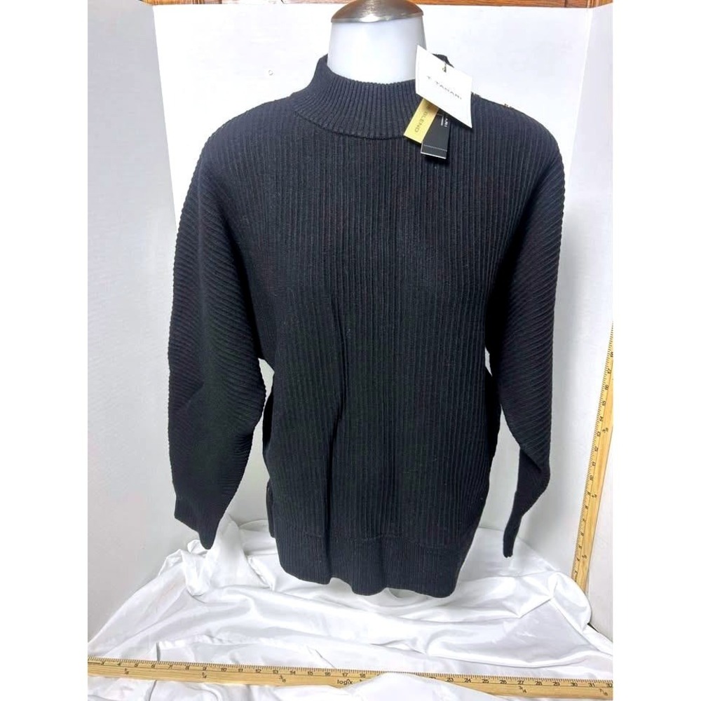 T Tahari Black Ribbed Mock Neck Sweater/Gold Button Shoulder Detail ~Size‎ SMALL